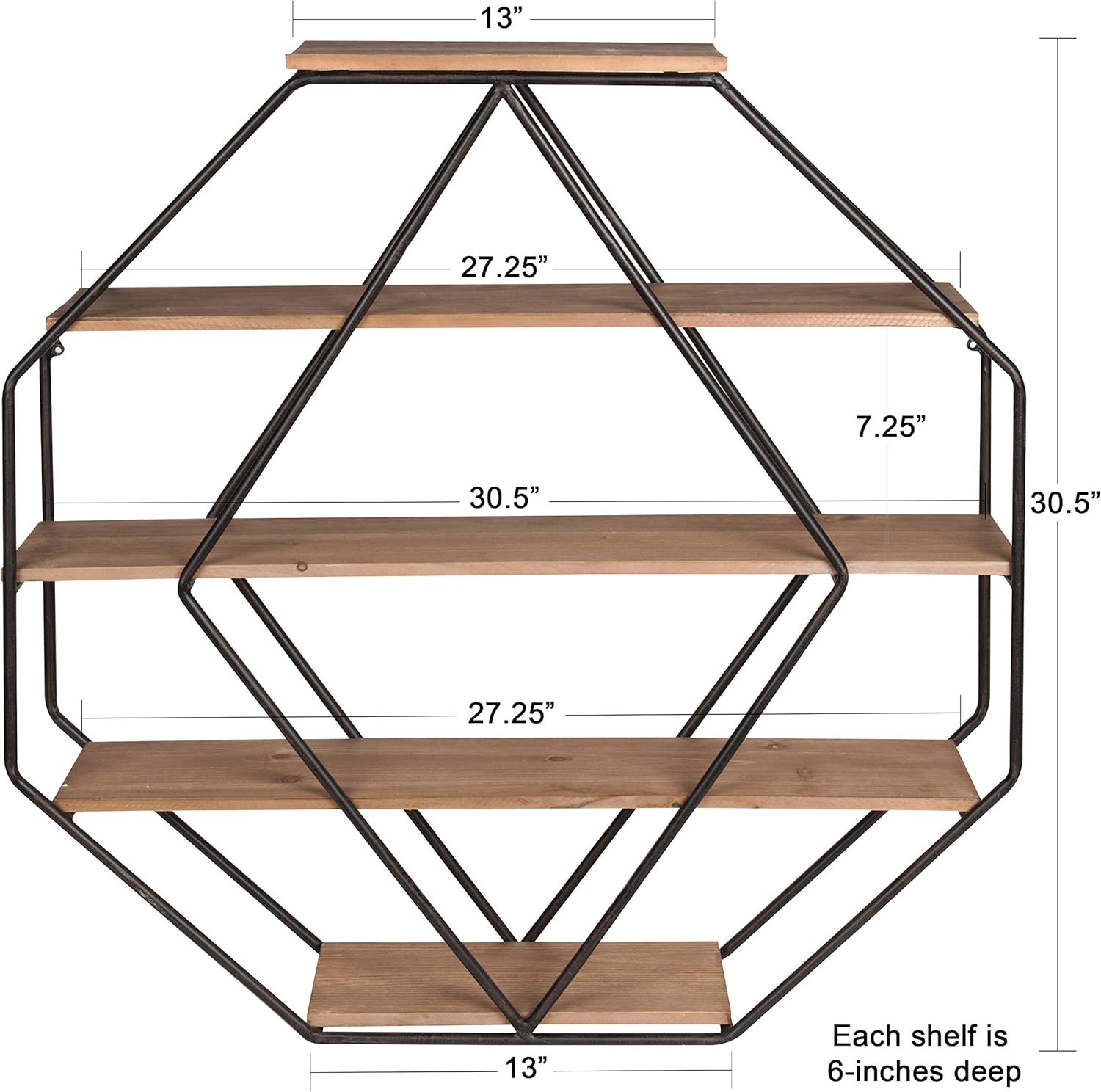 Kate and Laurel Lintz Large Octagon Shaped Floating Wood Book Shelves for Decorative Wall Display, Black Metal Frame with Rustic Brown Shelves - Image 3