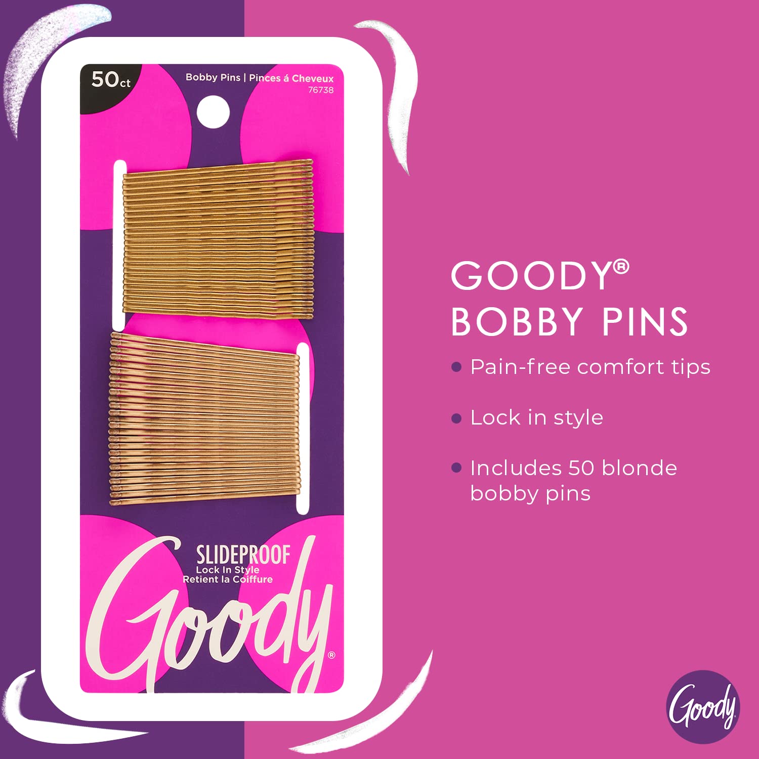 Goody SlideProof Bobby Pins - 50 Ct, Metallic Blonde, High Gloss Bobby Hair Pins for Styling, Lock In Style, Comfortable, Pain-Free Hair Accessories for Women & Men, All Hair Types - Image 2