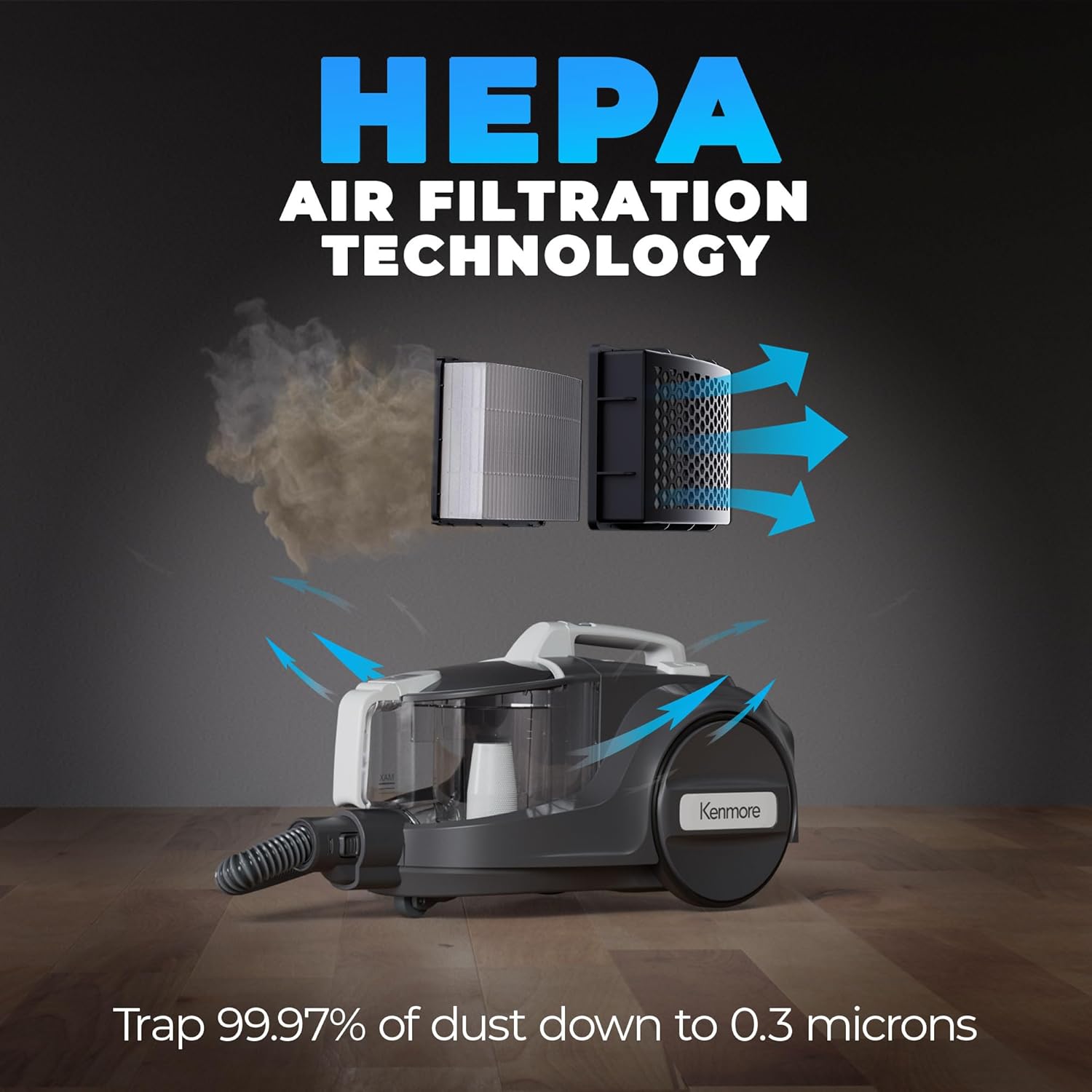 Kenmore DC5070 500 Series Bagless Canister Vacuum with Hair Eliminator Brushroll，2-Motor Cyclonic Technology, HEPA Filtration & 24' Auto Cord Rewind for Pet, Carpets, Hard Floors, Stairs, White - Image 4