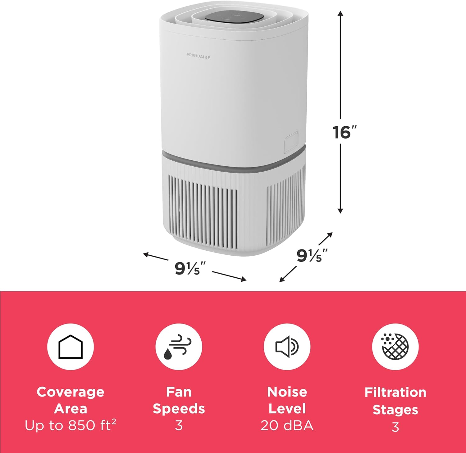 Frigidaire PureA300 HEPA Air Purifier for Small Bedrooms, Covers up to 850 Sq. Ft., 3-Stage Filtration, Energy Star Certification, Air Quality Monitoring, Smart Mode, Ultra Quiet, White - Image 3