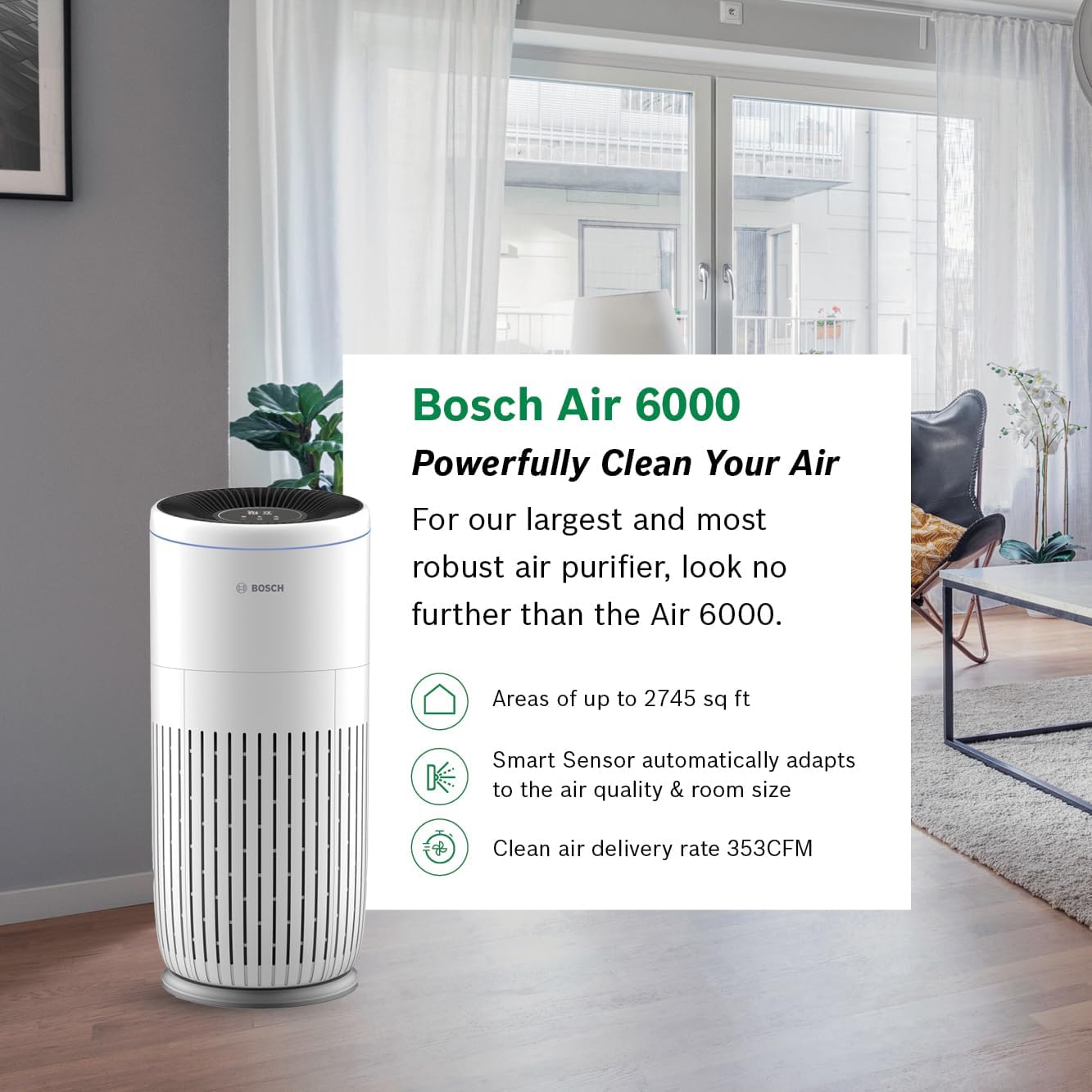 BOSCH Air Purifier for Home, Large Spaces (Covers, 2745-sq ft), 4-in-1 Filter for Pollen, Viruses, Smoke, Dust, Dander, Outdoor Pollution, Odors, HEPA, ENERGY STAR, Air 6000, White - Image 2