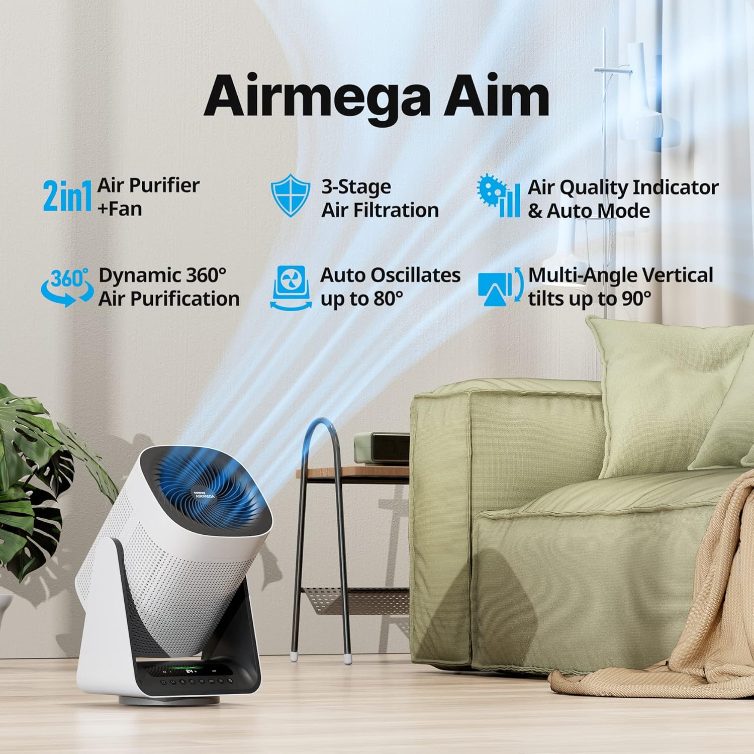 COWAY Air Purifier for Home Bedroom, 2-in-1 with Fan, True HEPA Filter for Smoke, Allergies, Pet Dander, Odor, Air Quality Monitor, Auto Mode, Remote Control, Timer, 3-Year Warranty, Aim, White - Image 2