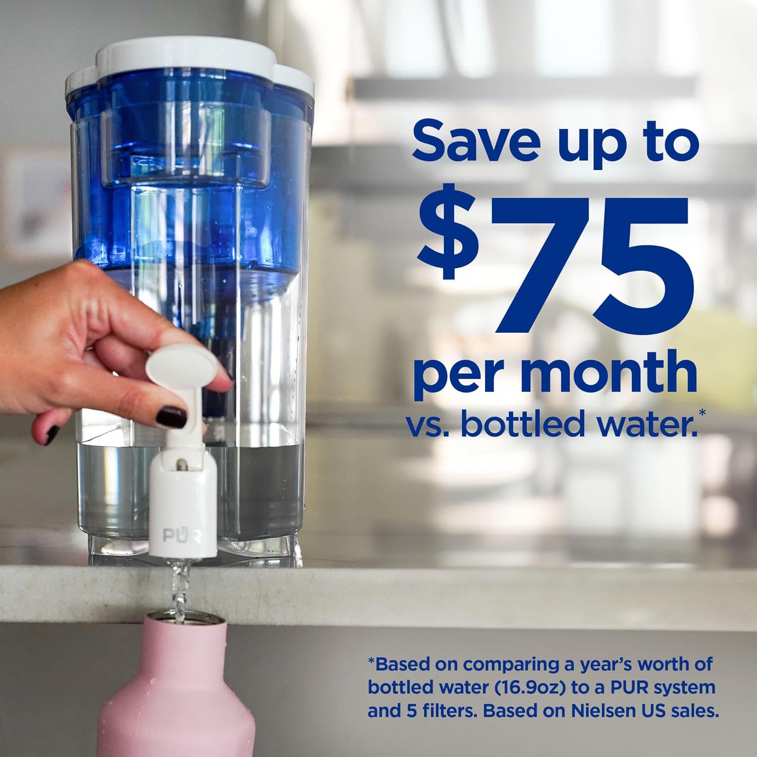 PUR 30-Cup Countertop Water Filter Dispenser, 1 Genuine PUR Filter, 2-in-1 Powerful Filtration, Lasts 2 Months or 40 Gallons, Dishwasher Safe, White/Blue (DS1800Z) - Image 4