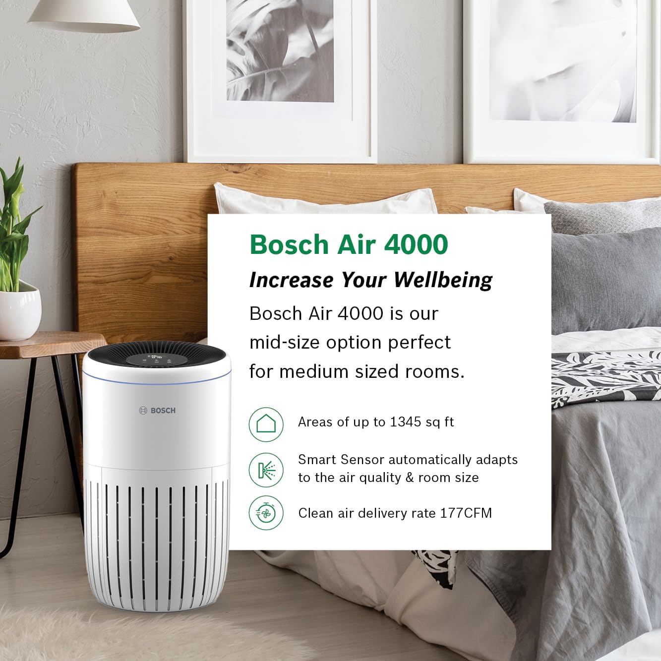 BOSCH Air Purifier for Home (Covers, 1345-sq ft), 3-in-1 Filter for Pollen, Viruses, Smoke, Dust, Dander, Outdoor Pollution, Odors, HEPA, ENERGY STAR, Air 4000, White - Image 2