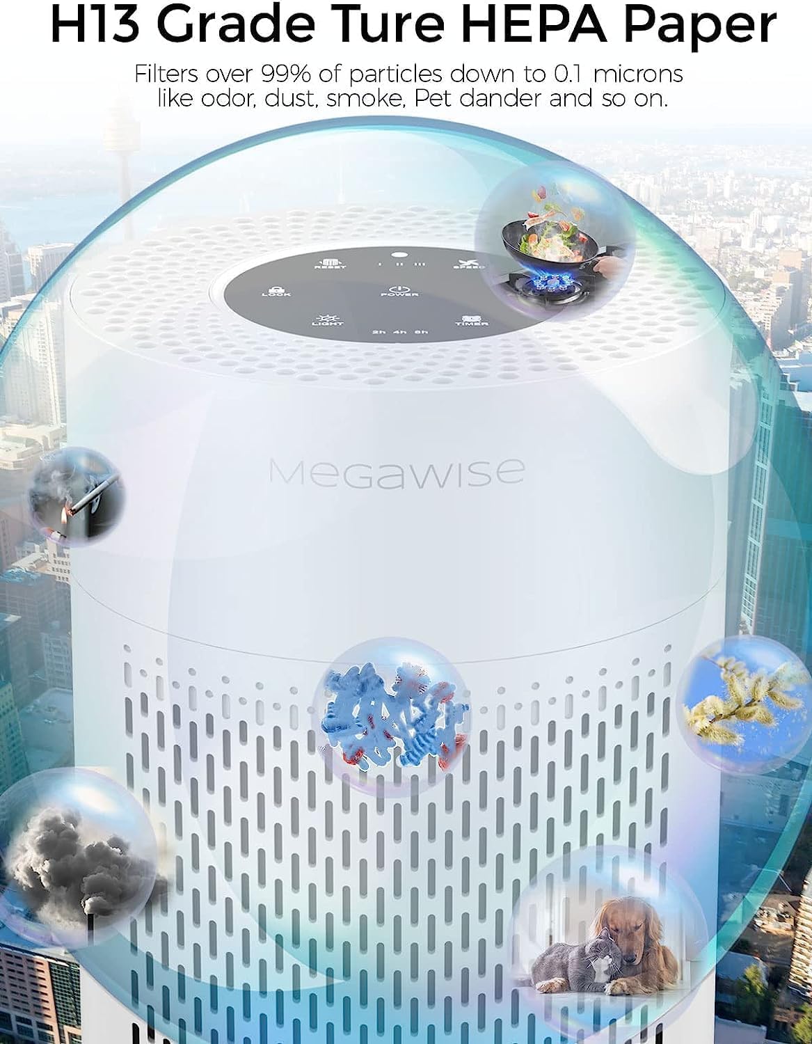 MEGAWISE 2025 Updated Version Smart Air Purifier for Home Large Room up to 1076ft², H13 True HEPA Filter with Smart Air Quality Sensor, Sleep Mode, Quiet for Smoke, Pets Hair, Odors, White - Image 2