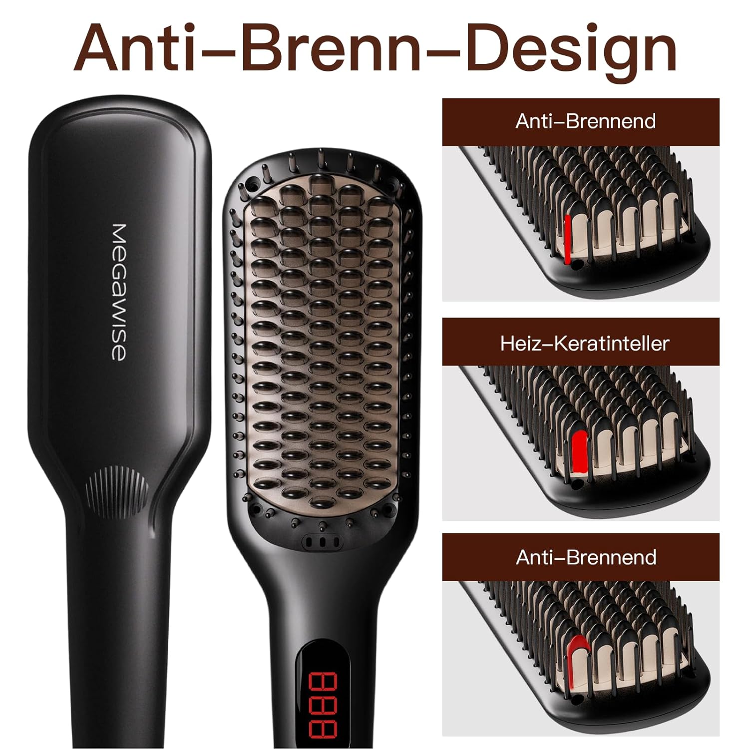 MEGAWISE Pro Ceramic Ionic Hair Straightener Brush for Home Salon, Straightening Hair Brush with 20s Heating Tech, Auto-Off, Anti-Scald with Universal Dual Voltage,Rotatable Power Cord, Black - Image 2